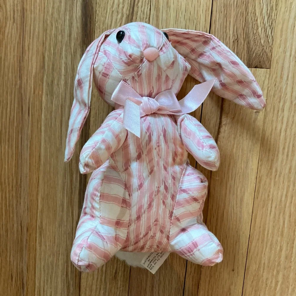 NWOT Saks Fifth Avenue Vintage Pink/White w/lt tan Striped Bunny, stuffed muslin